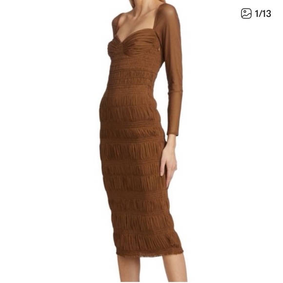 Seen in Magazines Self Portrait Caramel Shirred Midi Dress Size 6 US, 10 UK NWT - Picture 2 of 8